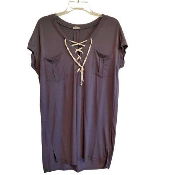 POL Long Tunic V- Neck Charcoal Gray Rayon Spandex Blend Short Sleeve Medium - Picture 1 of 13